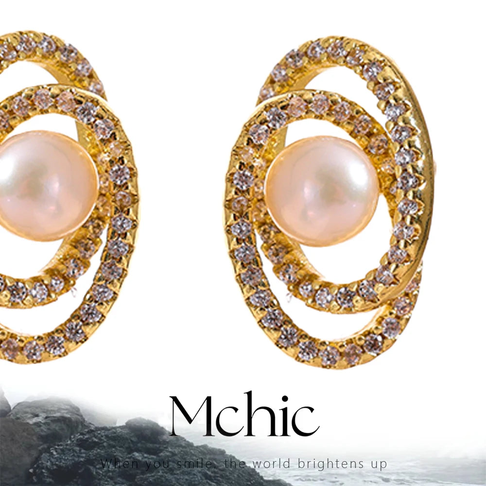 Mchic Fashion Delicate Cubic Zircon Natural Pearl Stud Earrings Daily Gold Color Copper Popular Chic Jewelry Accessories 2023