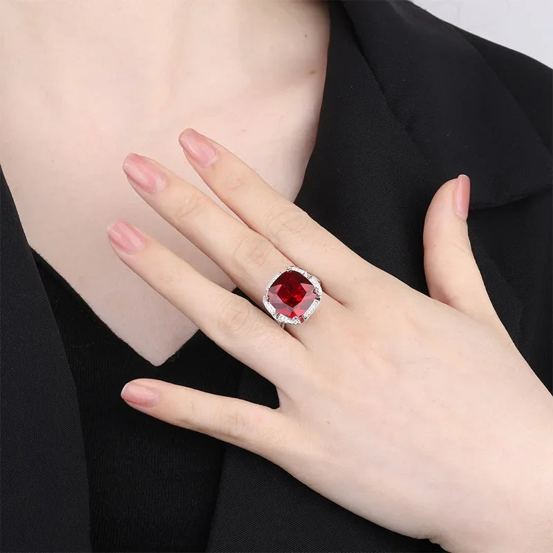 S925 Silver Treasure Jade Red Treasure Luxury Set Closed Ring Main Stone 14 * 14 Jewelry Wedding Ring
