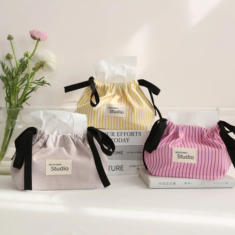 Striped Drawstring Tissue Box Cosmetic Organizer Pouch Car Storage Bag Portable Napkin Holder  Home Decor Essential Tissue Case
