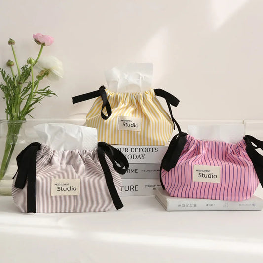 Striped Drawstring Tissue Box Cosmetic Organizer Pouch Car Storage Bag Portable Napkin Holder  Home Decor Essential Tissue Case