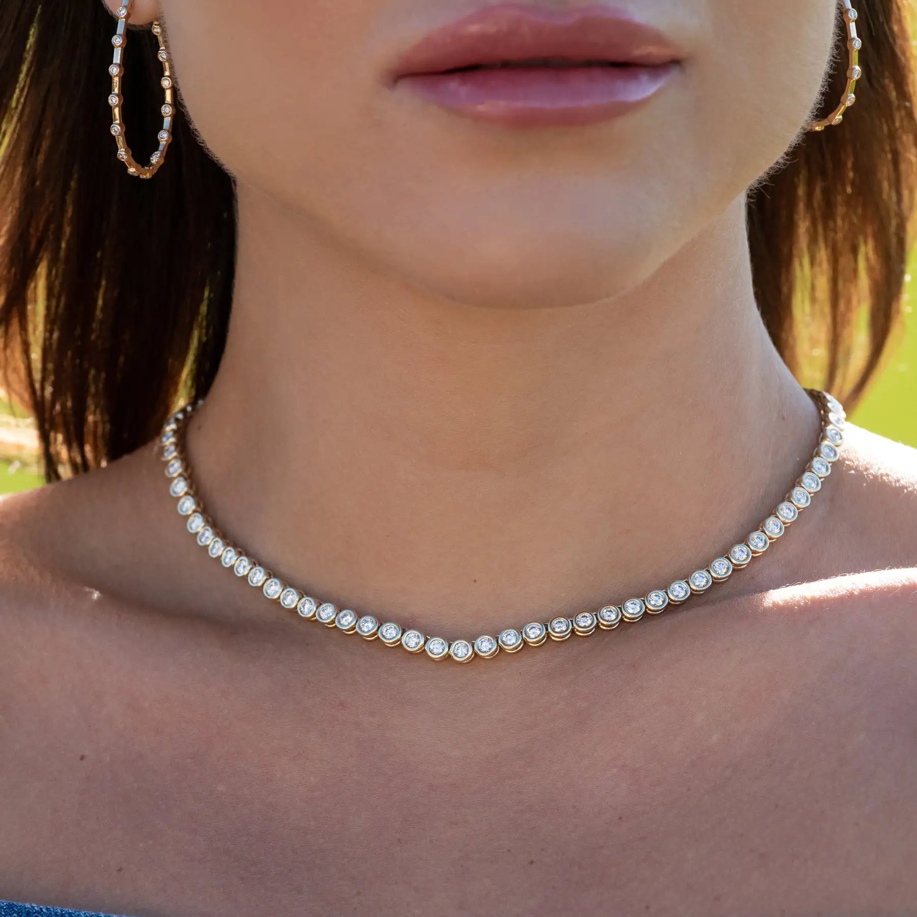 3MM Round Bezel Setted CZ Tennis Chain Geometric Choker Necklace For Women Iced Out Luxury Jewelry
