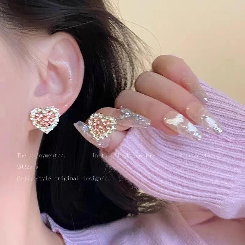 Korean Fashion Exquisite Light Luxury Pink Loveheart Earrings Romantic Wedding Commemorative Gift Outstanding Women's Jewelry