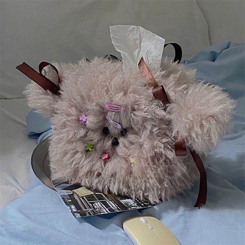 Creative Cute Curly Hair Dog Tissue Bag，Household Living Room Car Paper Box Desktop Tissue Storage Box Dopamine Decoration
