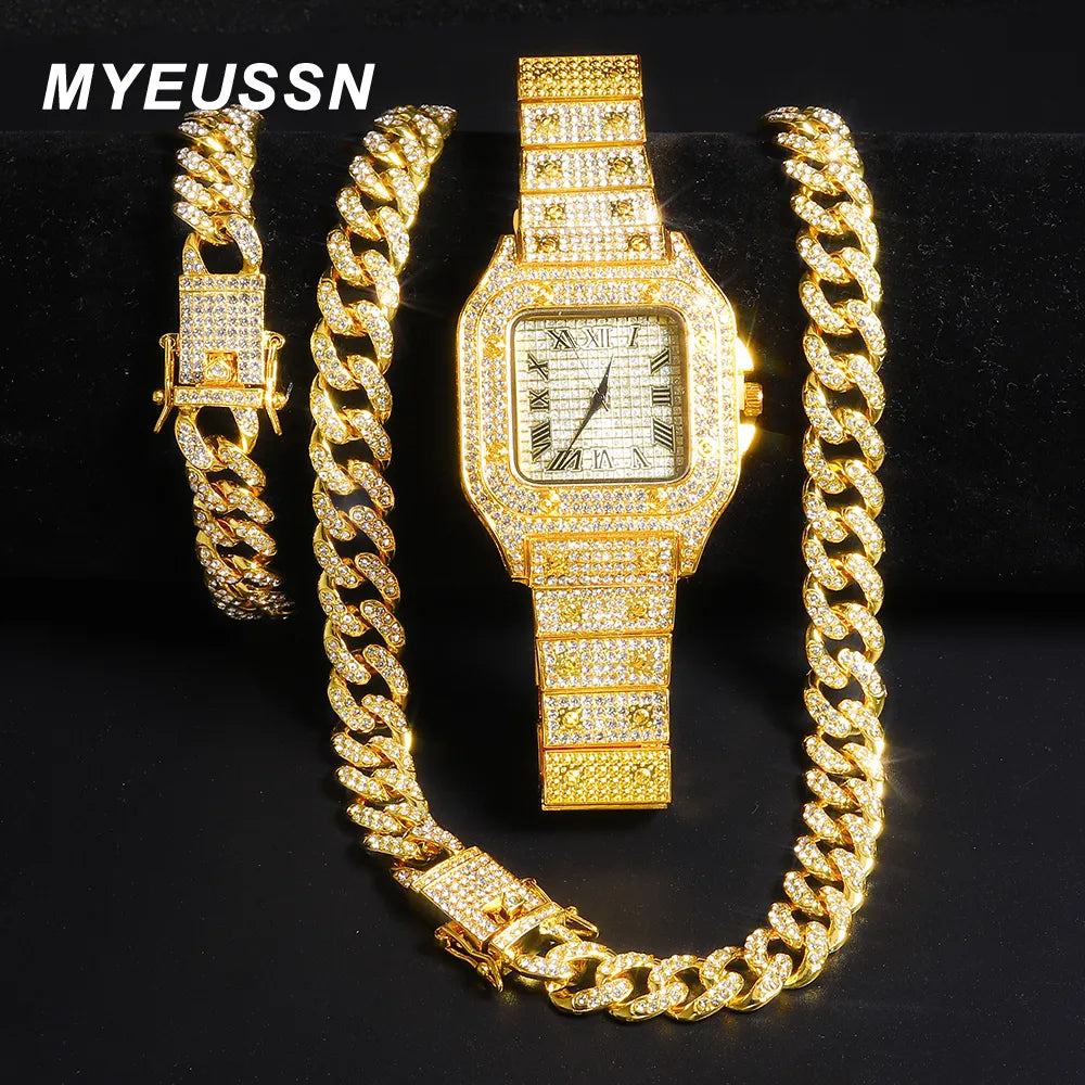 Hip Hop Iced Out Chain Necklace+Watch+Bracelet Set Men 13MM Cuban Link Chain New Rhinestone Necklace for Men Jewelry Watch Gift