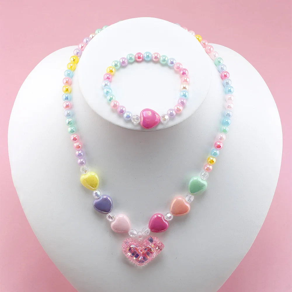 Colorful Acrylic DIY Necklace Bracelet Set Butterfly Flower Heart Pendant Children Jewelry Gift Kids Beads Accessories Girls