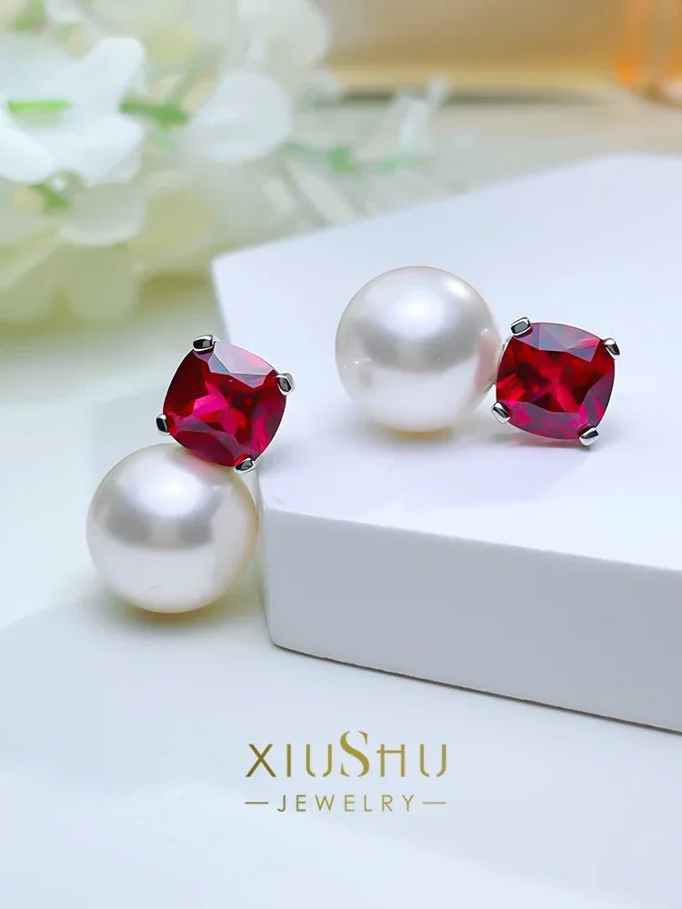100% 925 Sterling Silver Earrings for Women Pearl Red Treasure Earrings Inlaid with Fritillaria Wedding Jewelry Wholesale