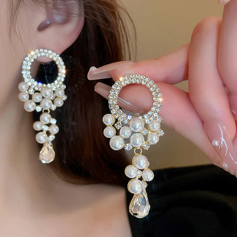 Luxury Chic Crystal Round White Pink Pearl Tassel Earrings for Women Trendy Elegant Daily Party Baroque Earrings Wedding Jewelry