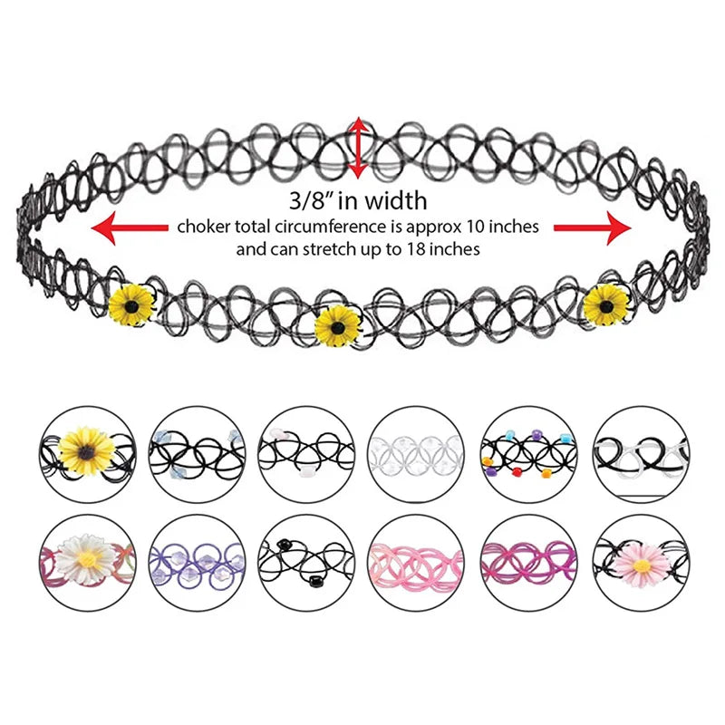 12Pcs/Set Collares Stretch Tattoo Choker Necklaces For Women Vintage Elastic Flower Necklace Jewelry Girls Bead Vibrant Chokers