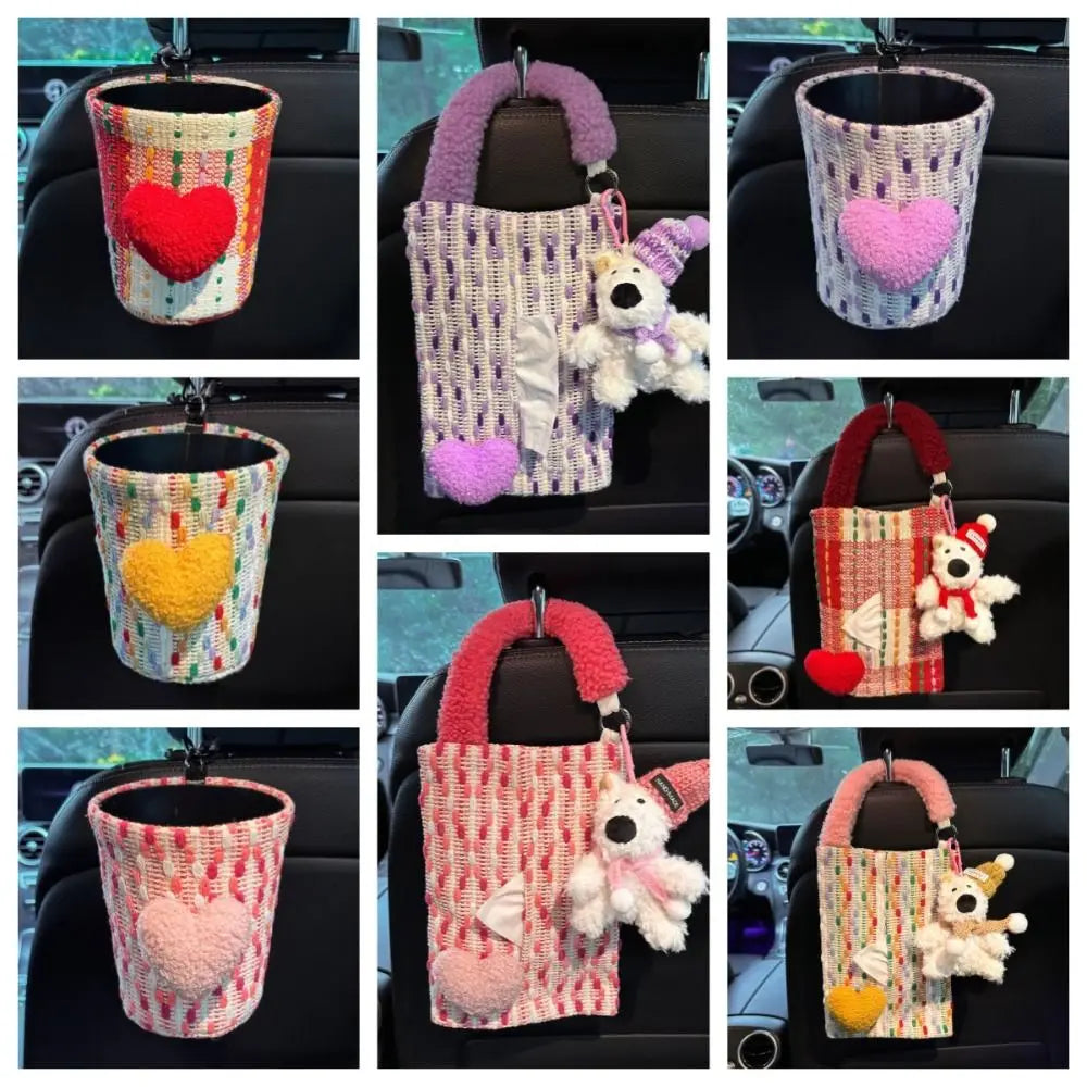 Hanging Car Mounted Garbage Bin Cute Large Capacity Car Hanging Tissue Bag Love pattern Creative Auto Seat Back Storage Bag