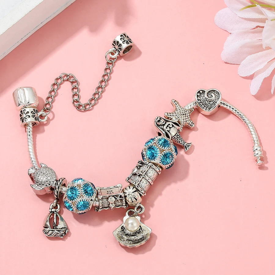 Buipoey Silver Color Sailboat Shell & Pearl Charm Bracelets For Women Diy Starfish Undersea Treasure Beaded Bangle Jewelry Gifts