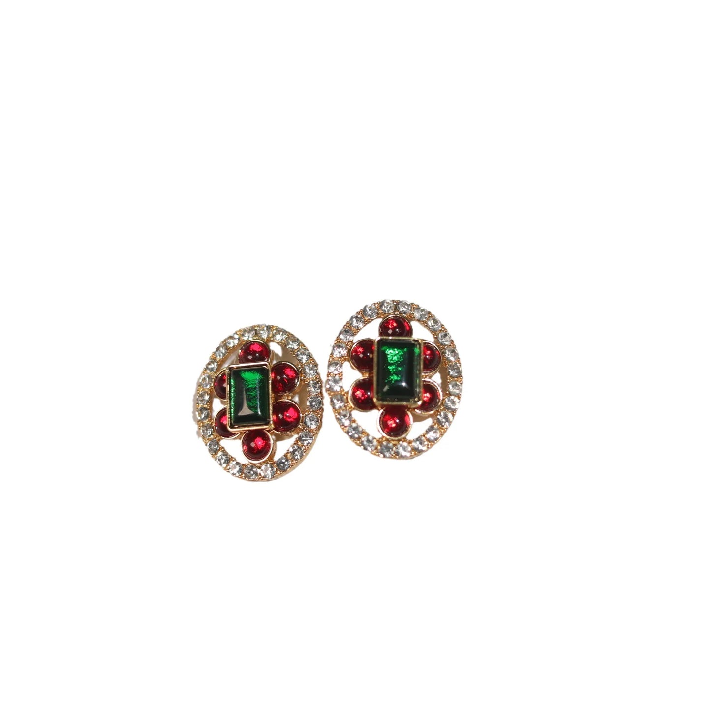 Medieval fashion, court red and green treasure, zircon, stud earrings, vintage European and American jewelry, heavy industry