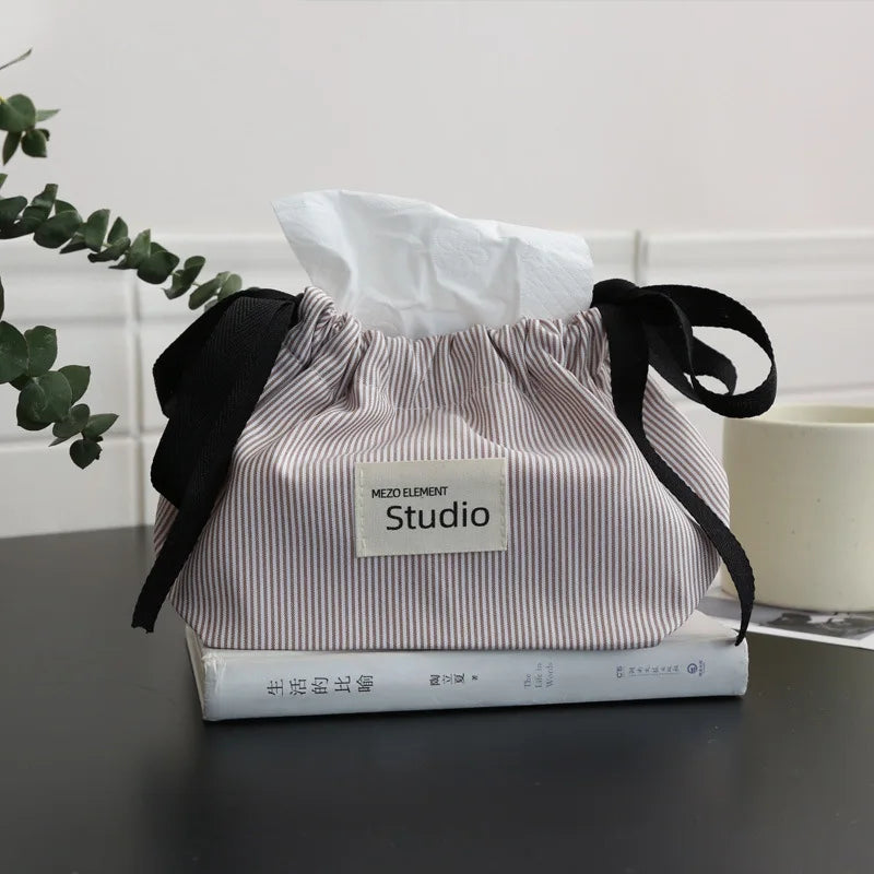 Striped Drawstring Tissue Box Cosmetic Organizer Pouch Car Storage Bag Portable Napkin Holder  Home Decor Essential Tissue Case