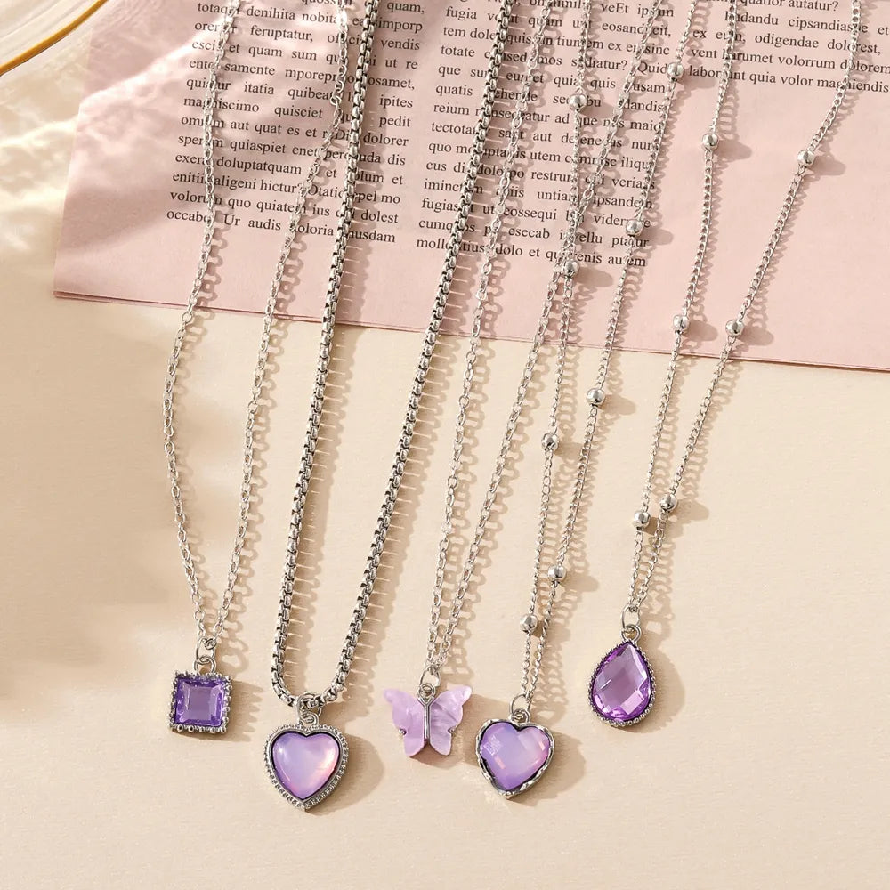 IPARAM 5PCS Cute Chain Pendant Necklace for Women Girl Purple Blue Red Butterfly Heart Block Charm Necklaces Set Fashion Jewelry