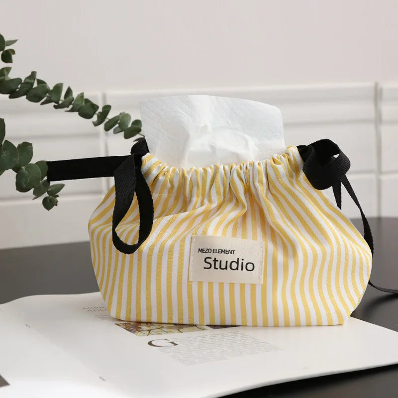 Striped Drawstring Tissue Box Cosmetic Organizer Pouch Car Storage Bag Portable Napkin Holder  Home Decor Essential Tissue Case