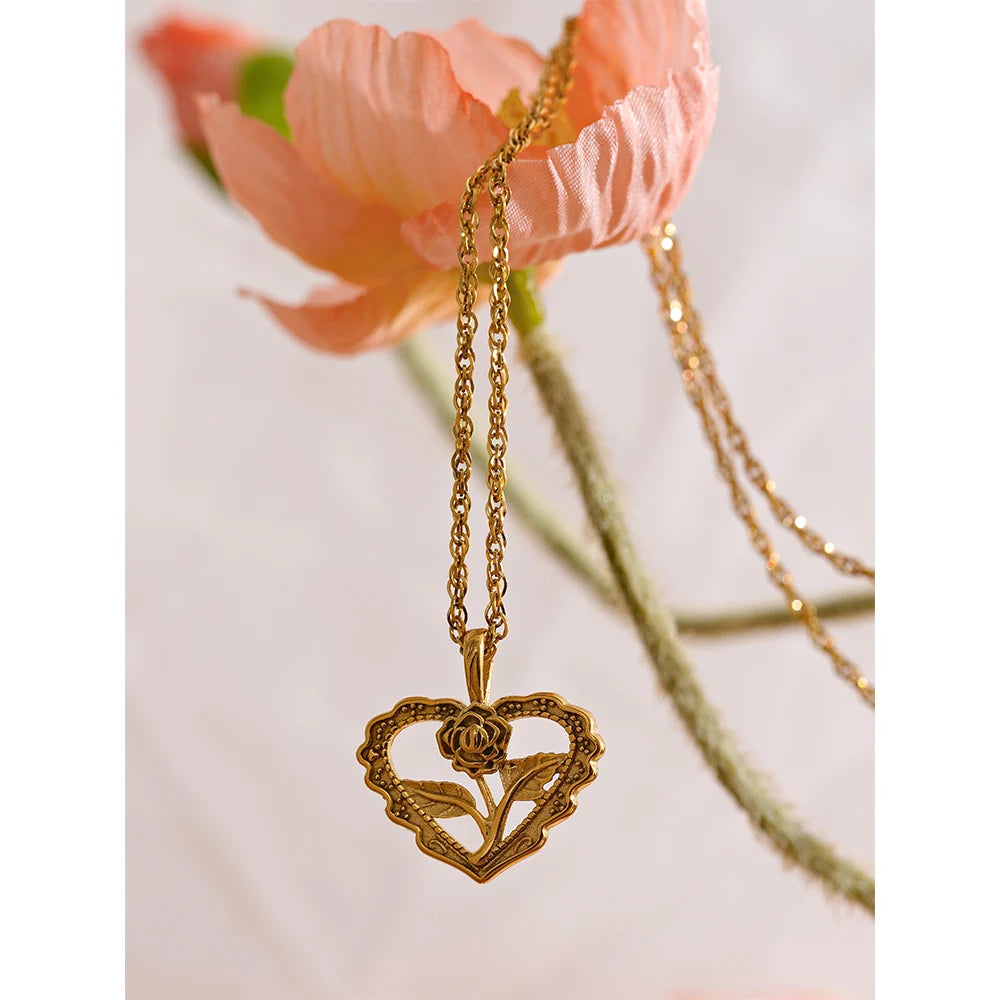 Yhpup Charm Stainless Steel Heart Hollow Cast Flower Pendant Gold Plated France Necklace Waterproof Fashion Chic Jewelry Women