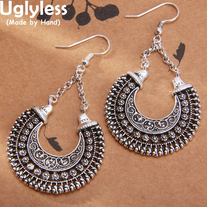 Uglyless Retro Ethnic Thai Silver Tassels Earrings Women Exotic 925 Sterling Silver Vintage Earrings Impressive U-shape Jewelry