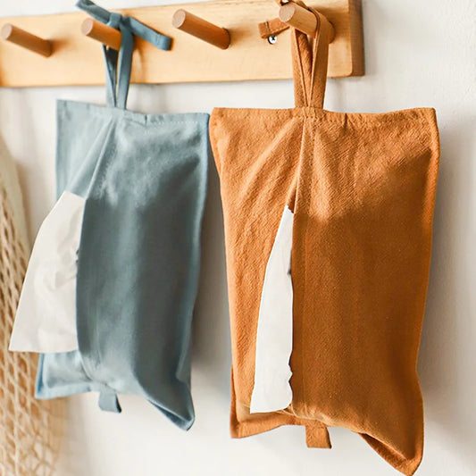 Washed Cotton Portable Tissue Bag Household Car Mounted Hanging Drawstring Bag Cover Simple Solid Color Drawstring Style