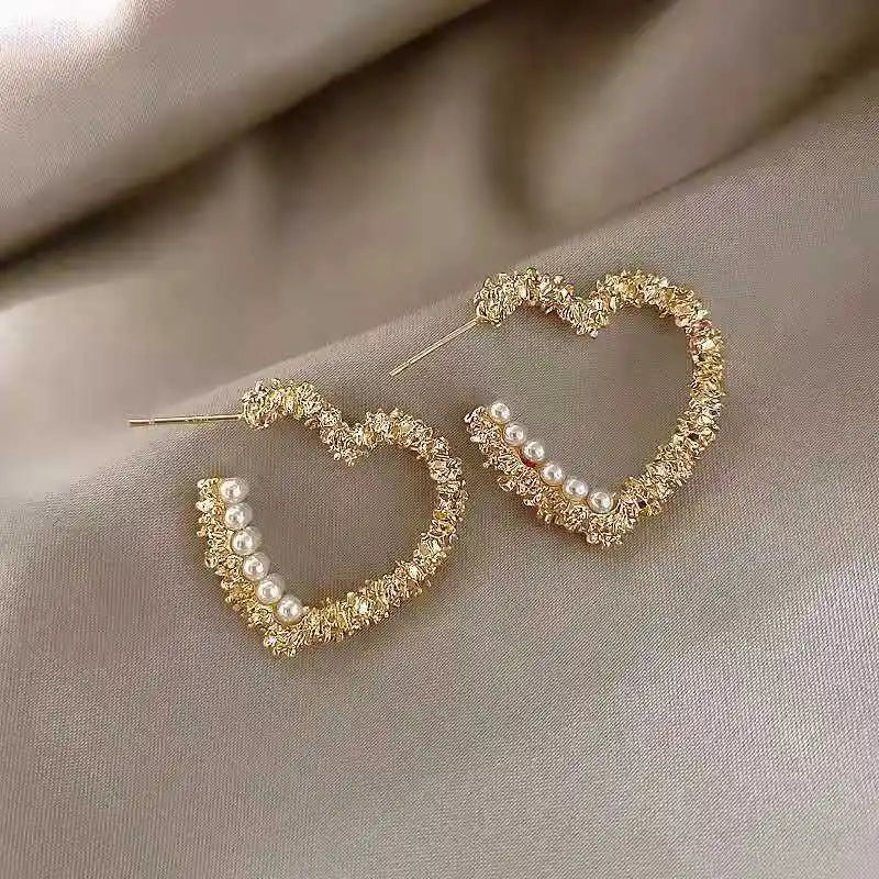 Korean Fashion Diamond Heart Shaped Pearl Baroque Retro Earrings Romantic Wedding Commemorative Gift Outstanding Women's Jewelry