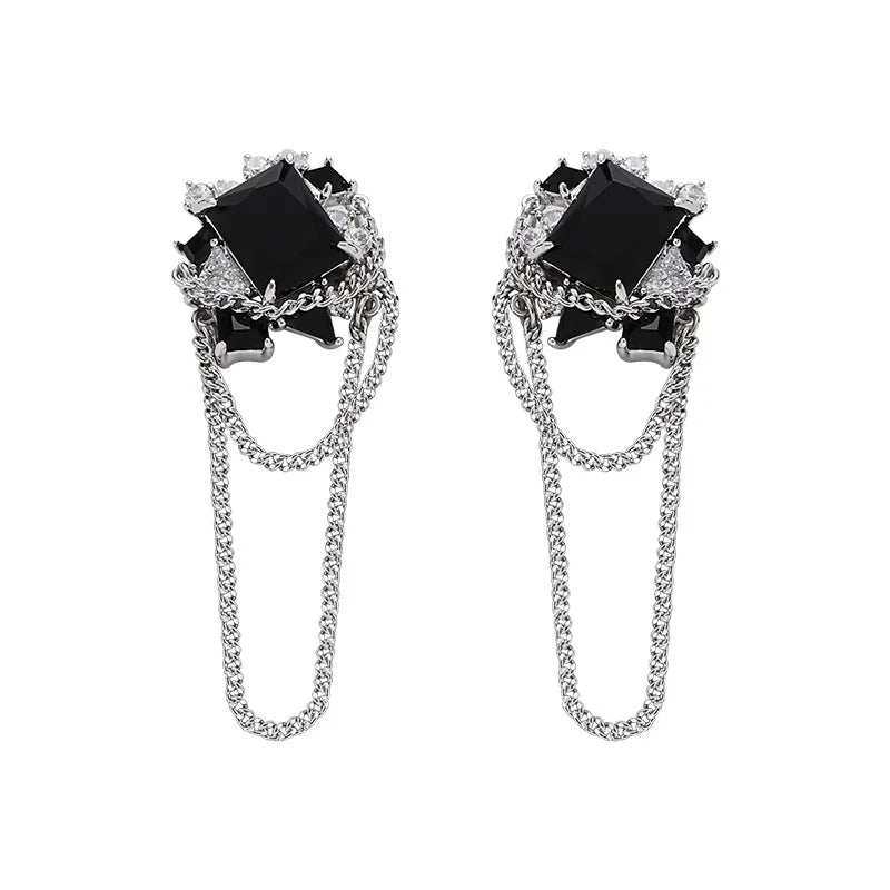 Eetit Black Cubic Zirconia Glass Geometric Tassel Chain Drop Earring High Quality Chic Trendy Daily Women Ear Jewelry Gift