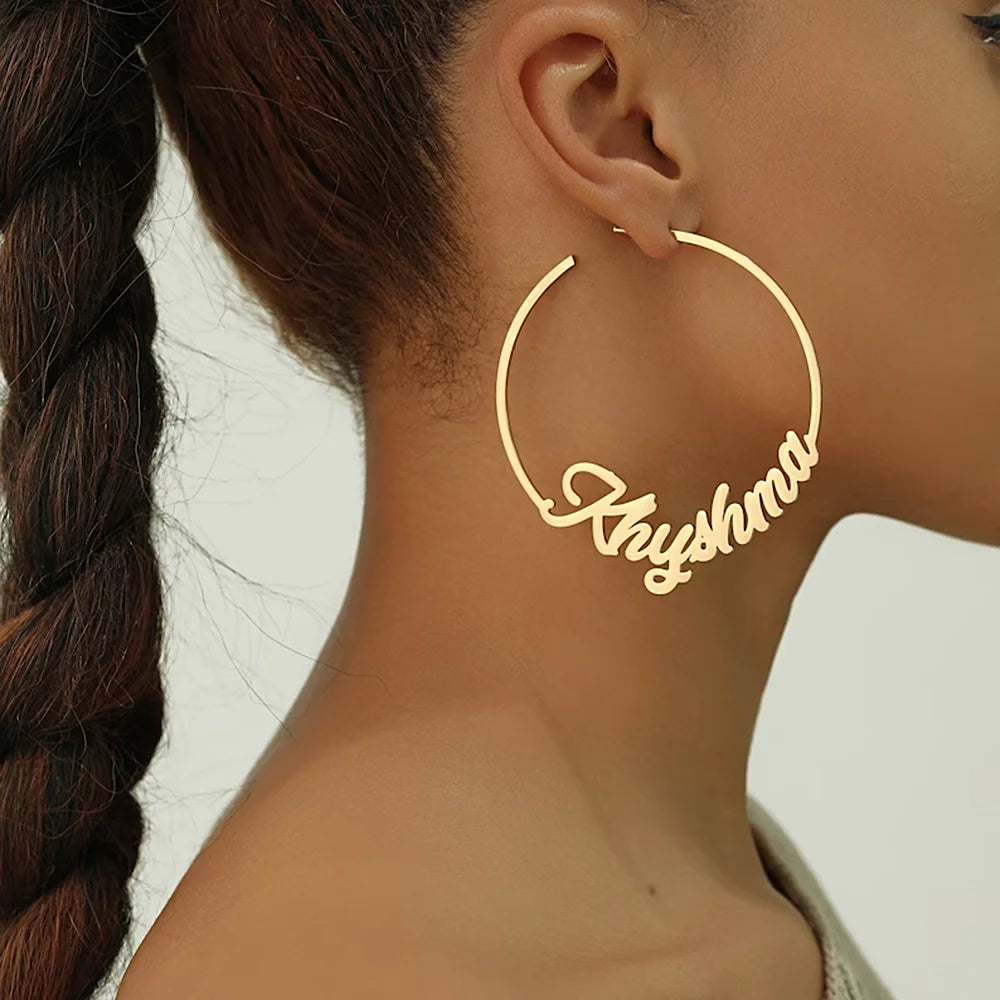 Custom Name Hoop Earrings Personalized Name Gold Color Stainless Steel Earrings for Women  Letter Nameplate Circle Jewelry Gift