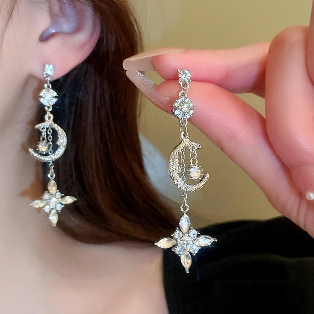Luxury Chic Sliver Needle Crystal Moon Star Tassel Earrings Women 2023 Trendy Elegant Daily Party Earrings Kpop Sweet Jewelry