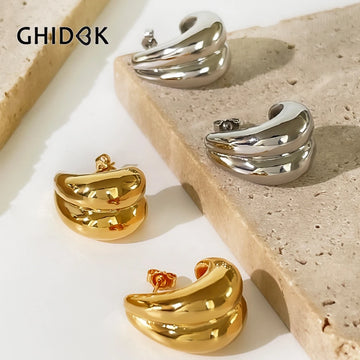 Ghidbk Solid Gold Plated Chunky Double Layer Teardrop Earrings Women's Fashion Chic Bold Dome Stud Earrings Jewelry Statement