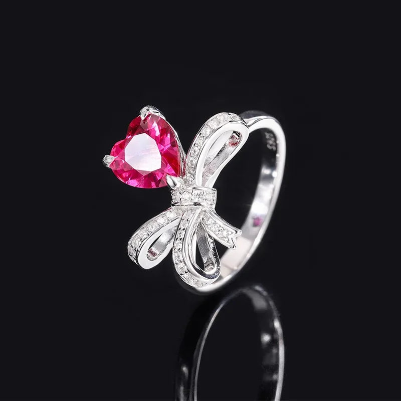 S925 Colorful Treasure 8 * 8 Heart Bow Simple Fashion Women's Diamond Wedding Ring Jewelry Wedding Ring