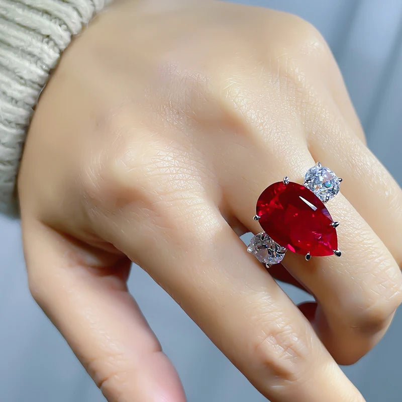 925 Silver Set Red Corundum High Carbon Diamond Red Treasure Index Finger Ring Female Big Treasure Wedding Jewelry