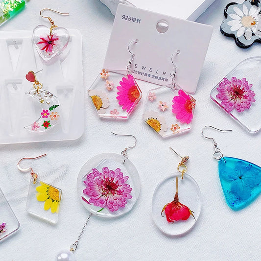 DIY Multi-Shapes Earrings Silicone Mold with Hole Moon/Heart/Flower/Geometry Necklace Keychain Pendant Charms Epoxy Resin Mould
