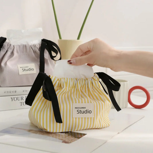 Striped Drawstring Tissue Box Cosmetic Organizer Pouch Car Storage Bag Portable Napkin Holder  Home Decor Essential Tissue Case
