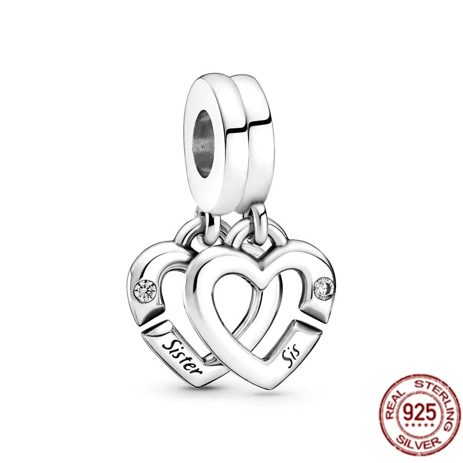 925 Sterling Silver Linked Sister Hearts Split & Openable Heart Locket Dangle Charm Bead Fit Original Pandora Bracelet Jewelry