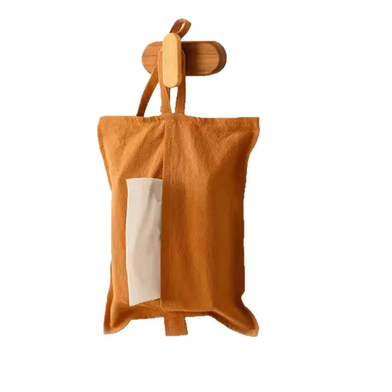 Washed Cotton Portable Tissue Bag Household Car Mounted Hanging Drawstring Bag Cover Simple Solid Color Drawstring Style