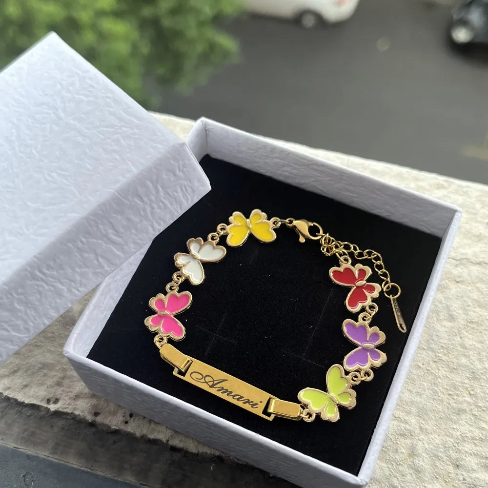 DUOYING Custom Nameplate Bracelet Butterfly Chain Personalized Enamel Colorful Charms Bangles For Kids Jewelry Gift