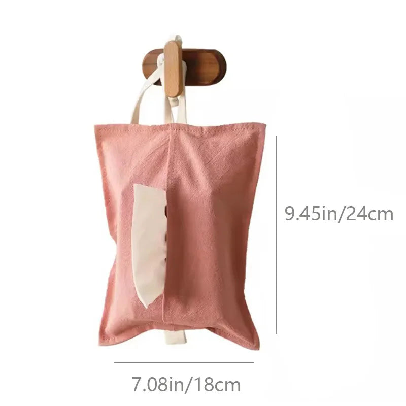 Washed Cotton Portable Tissue Bag Household Car Mounted Hanging Drawstring Bag Cover Simple Solid Color Drawstring Style