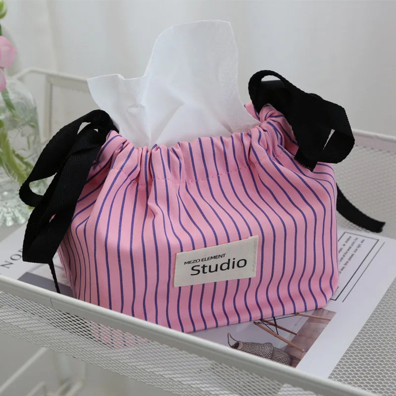 Striped Drawstring Tissue Box Cosmetic Organizer Pouch Car Storage Bag Portable Napkin Holder  Home Decor Essential Tissue Case