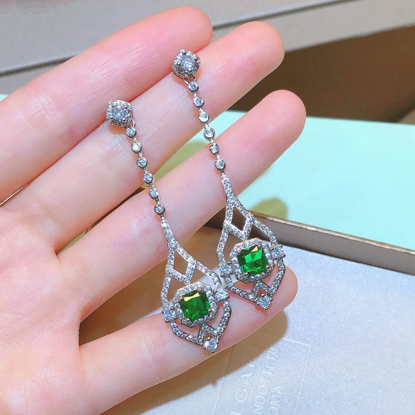 RUZZALLATI 2022 New Vintage Antique Lab Emerald Jewelry  Silver Color Hollow Design Long Drop Earring for Women Dangler Gift