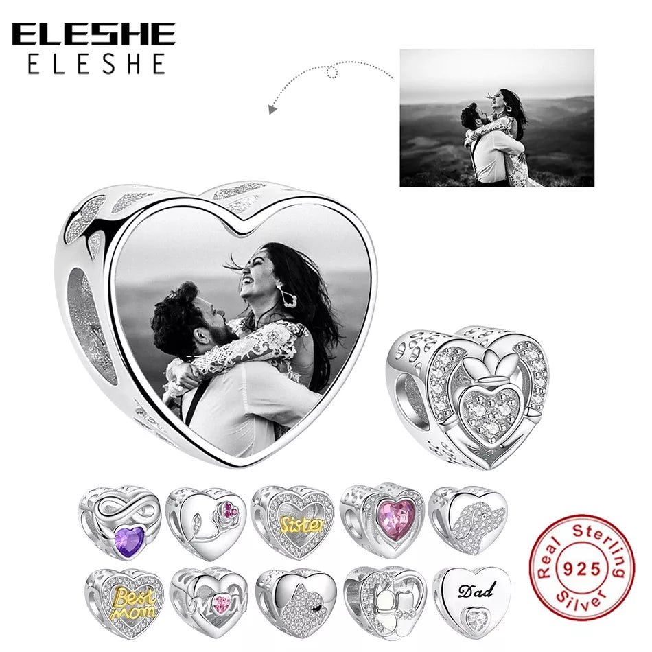 ELESHE Classic Heart Charm Personalized Custom Photo 925 Sterling Silver Zircon Bead Fit Original Bracelets DIY Women Jewelry