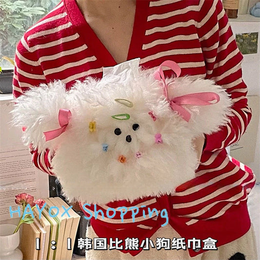 Creative Cute Curly Hair Dog Tissue Bag，Household Living Room Car Paper Box Desktop Tissue Storage Box Dopamine Decoration