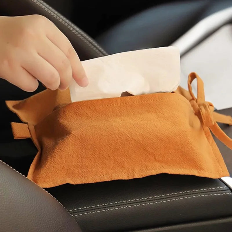 Washed Cotton Portable Tissue Bag Household Car Mounted Hanging Drawstring Bag Cover Simple Solid Color Drawstring Style