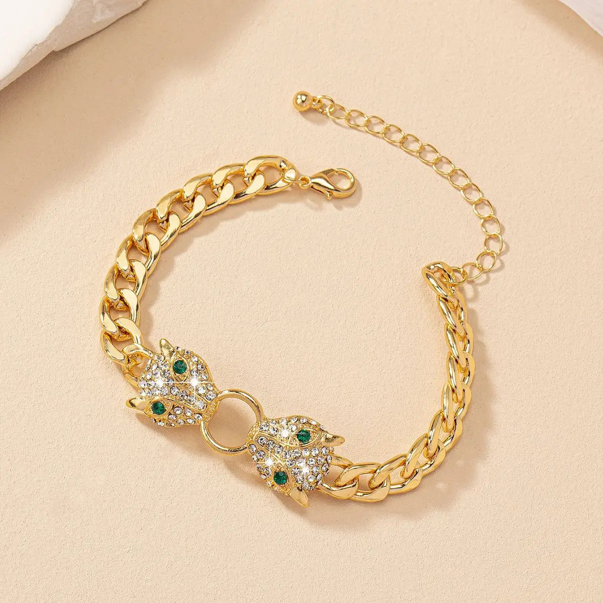 Hip-hop Gold Plated Rhinestone Leoprad Head Necklace Jewelry Set for Women Fashion Animal Pendant Metal Chain Men's Bracelet