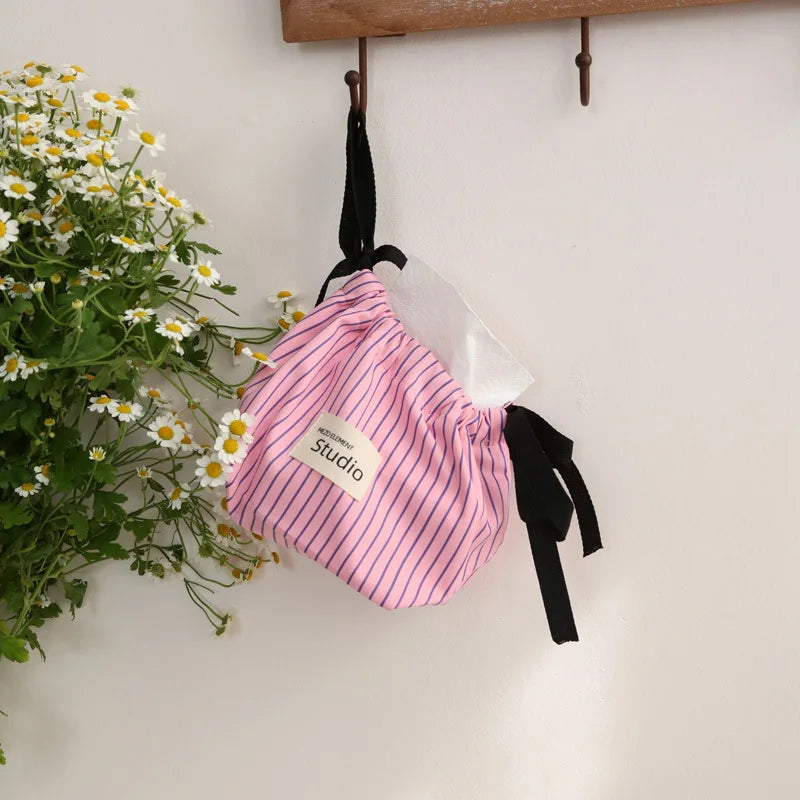 Striped Drawstring Tissue Box Cosmetic Organizer Pouch Car Storage Bag Portable Napkin Holder  Home Decor Essential Tissue Case
