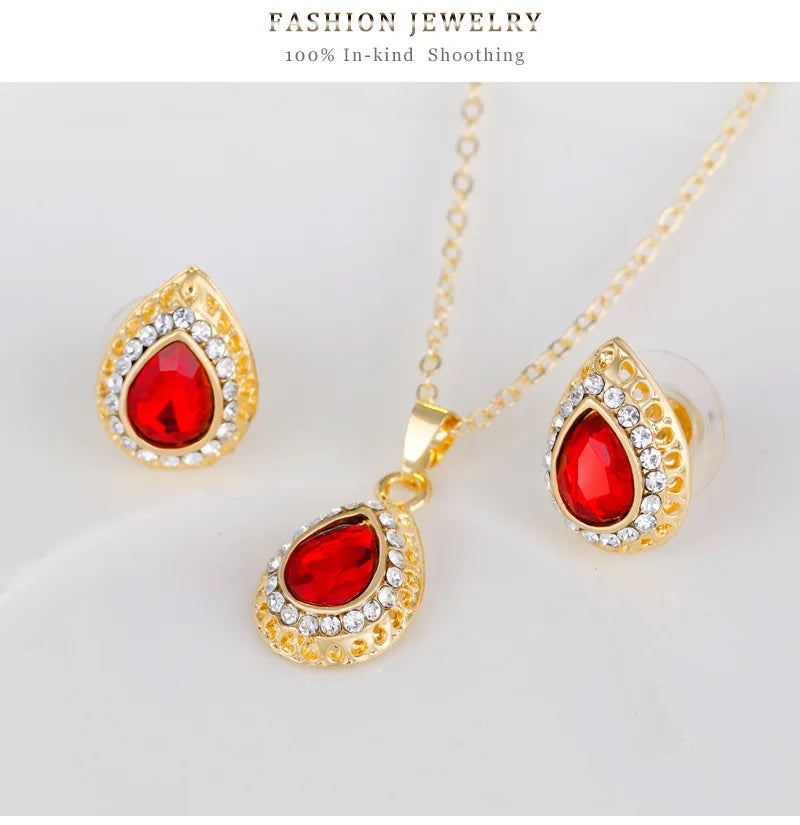 Fashion European and American Hot Selling New Necklace Set Exquisite Multi-color Drop Necklace Earrings 4-piece Wedding Set Gift