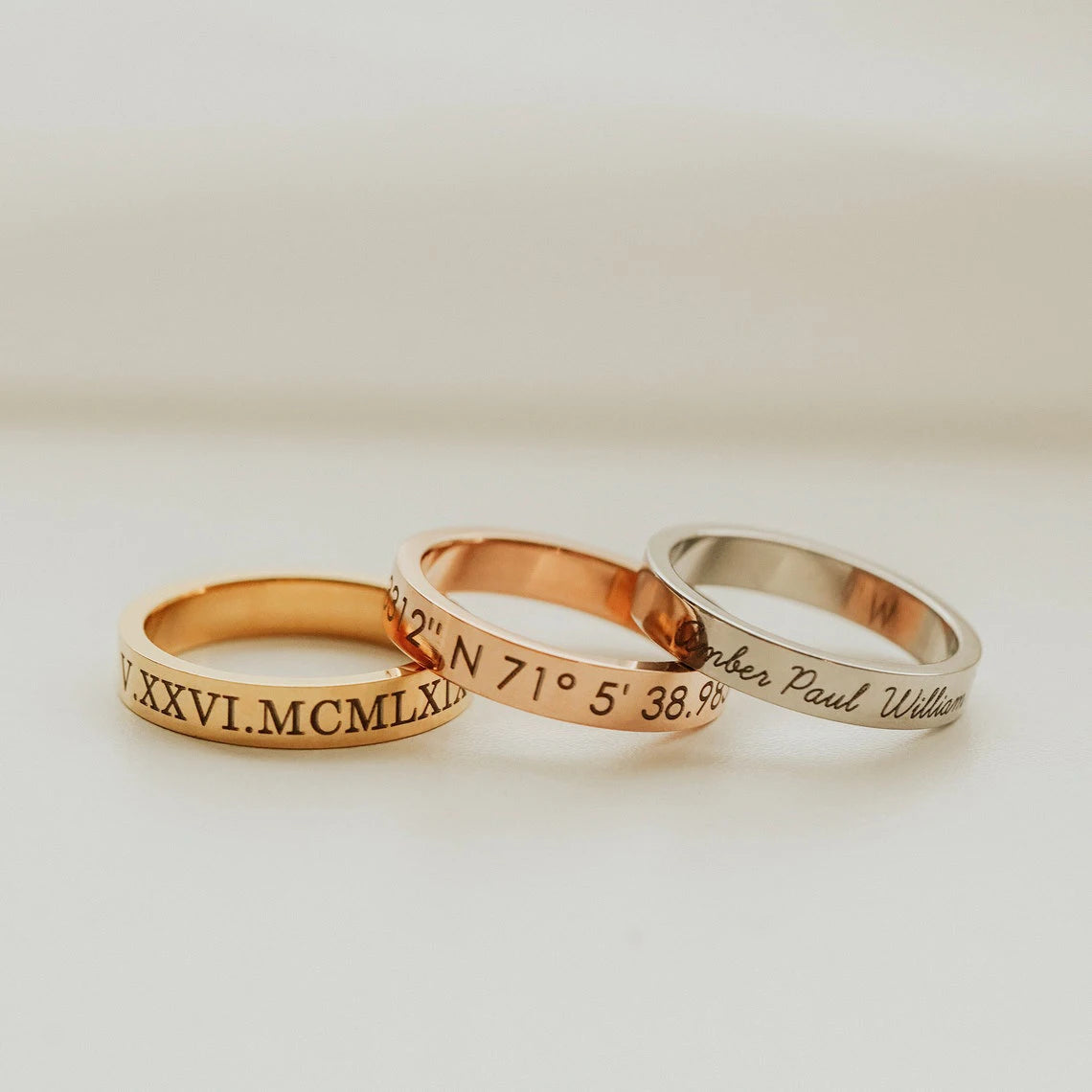 8 rings Personalized Stacking Ring Custom Engraved Name Coordinate Initial Ring Stackable Gold Ring Mothers Jewelry