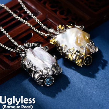 Uglyless Summer Pond Poetic Jewelry Women Vivid Lotus Flower Leaf Frog Pendants Impressive Baroque Pearls Necklaces 925 Silver