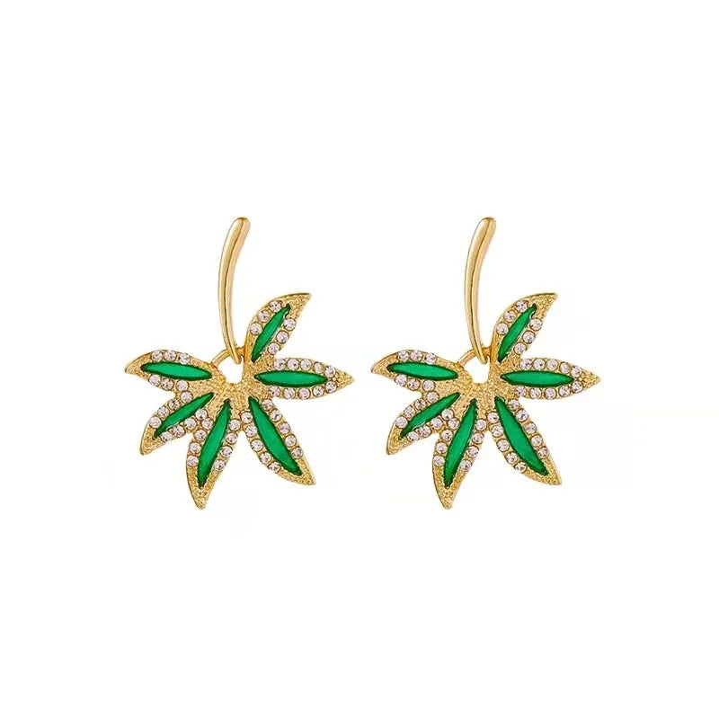 Korean Fashion Exquisite Green Diamond Maple Leaf Earrings Romantic Wedding Commemorative for Gift Outstanding Women's Jewelry