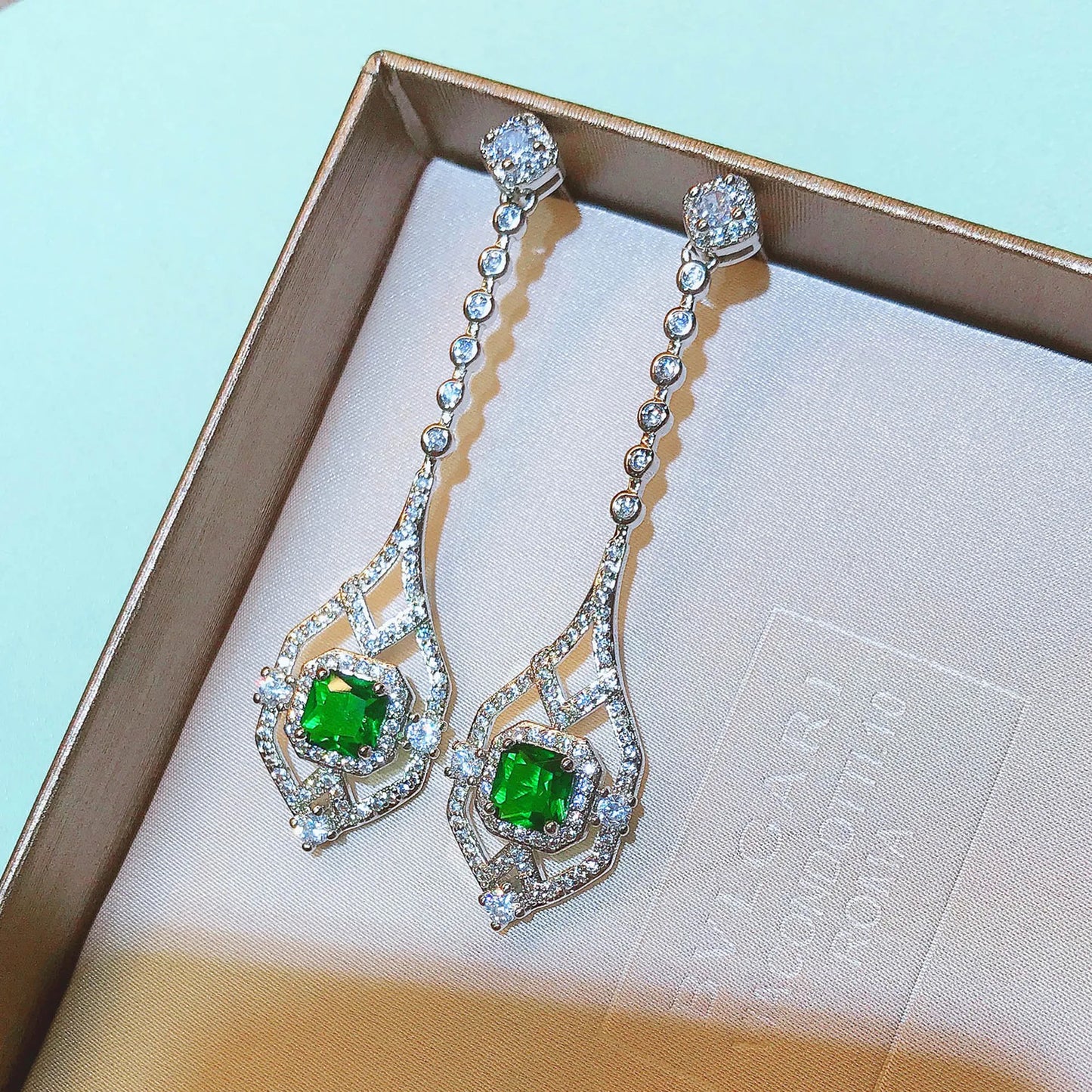 RUZZALLATI 2022 New Vintage Antique Lab Emerald Jewelry  Silver Color Hollow Design Long Drop Earring for Women Dangler Gift