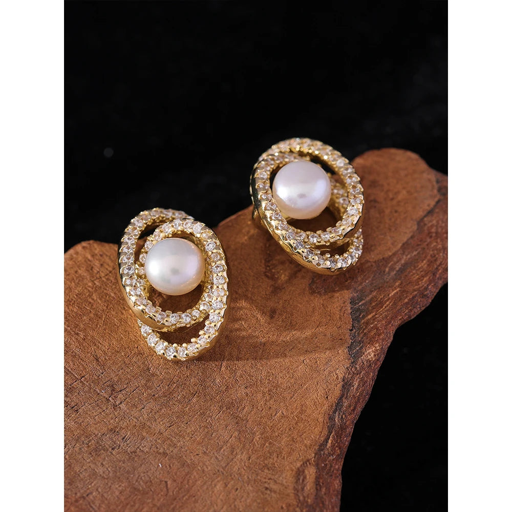 Mchic Fashion Delicate Cubic Zircon Natural Pearl Stud Earrings Daily Gold Color Copper Popular Chic Jewelry Accessories 2023