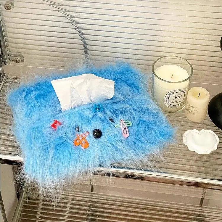 Creative Cute Curly Hair Dog Tissue Bag，Household Living Room Car Paper Box Desktop Tissue Storage Box Dopamine Decoration