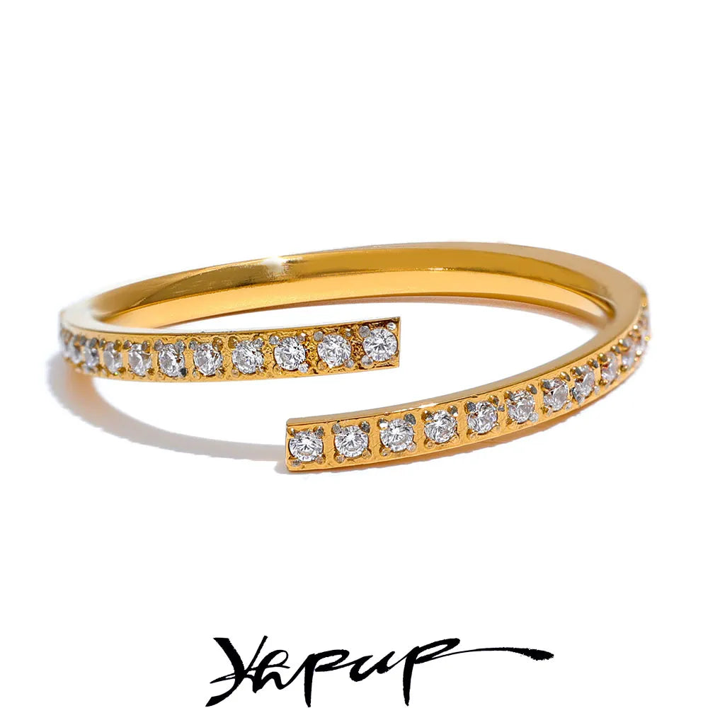 Yhpup Exquisite Minimalist Cubic Zirconia Stainless Steel Open Ring Women Chic Korean Fashion Golden Waterproof Finger Jewelry