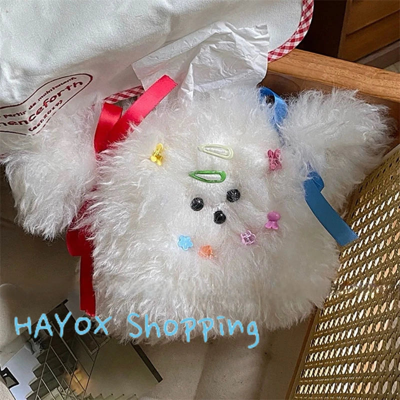 Creative Cute Curly Hair Dog Tissue Bag，Household Living Room Car Paper Box Desktop Tissue Storage Box Dopamine Decoration